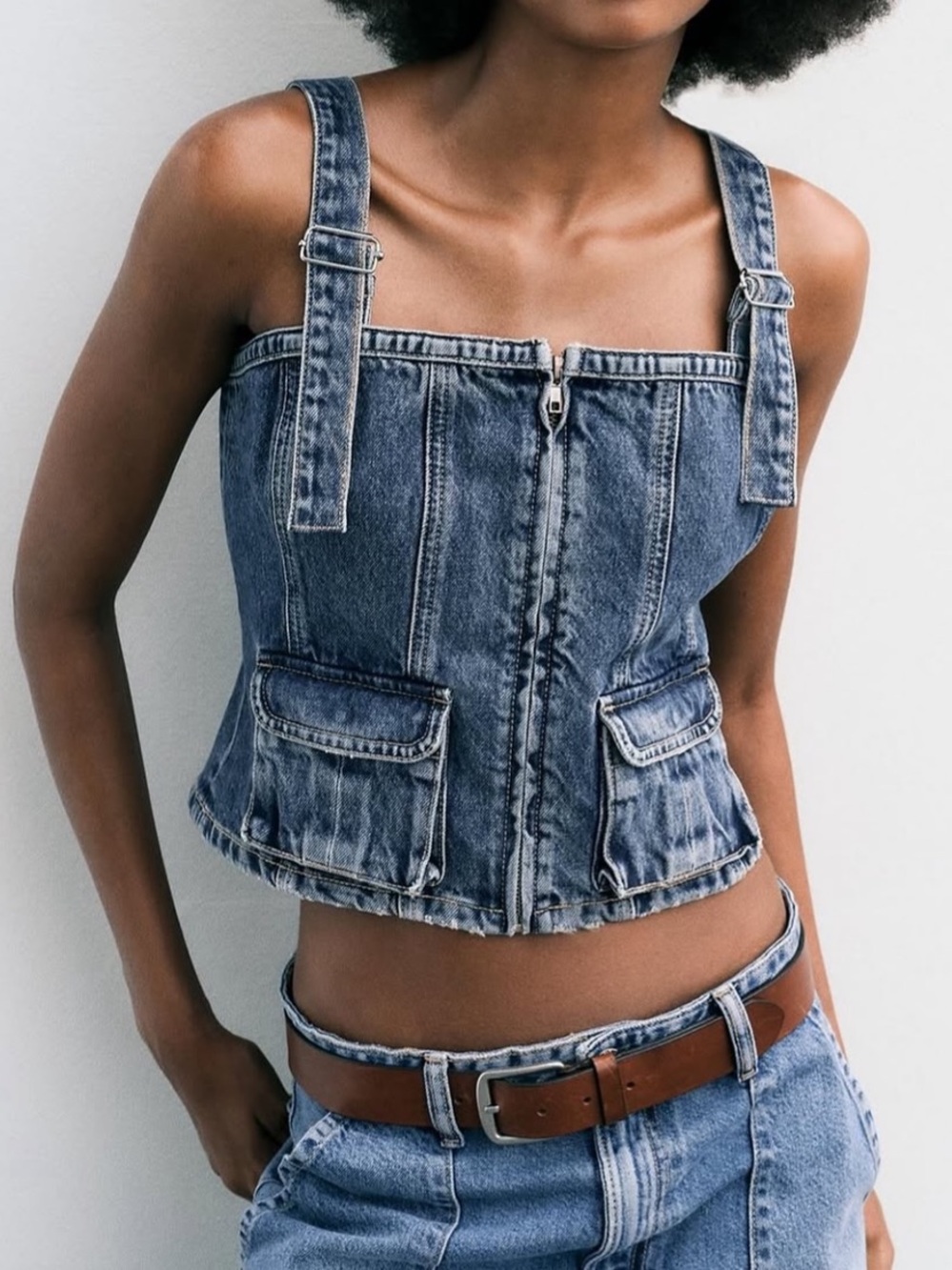 Zara Denim Bustier Top Buckle Straps Elastic Smocking Back Size Small